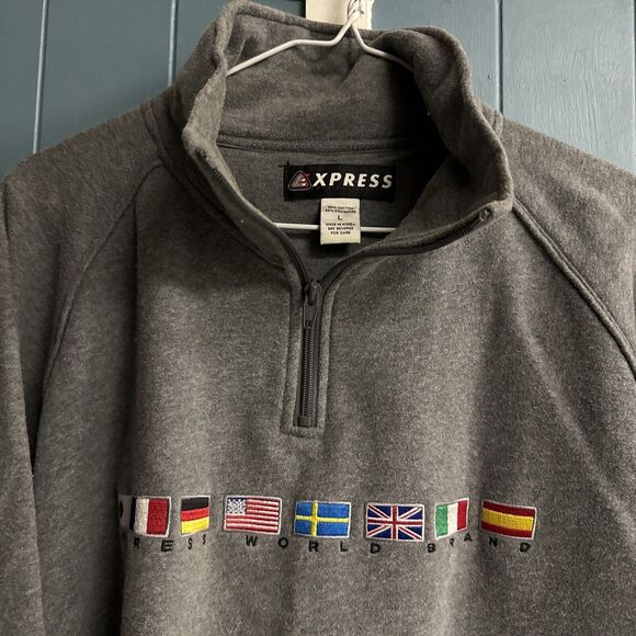Vtg Express World Brand 1/4 Zip Sweatshirt Embroidered Flags Women’s Oversize L - Picture 3 of 7